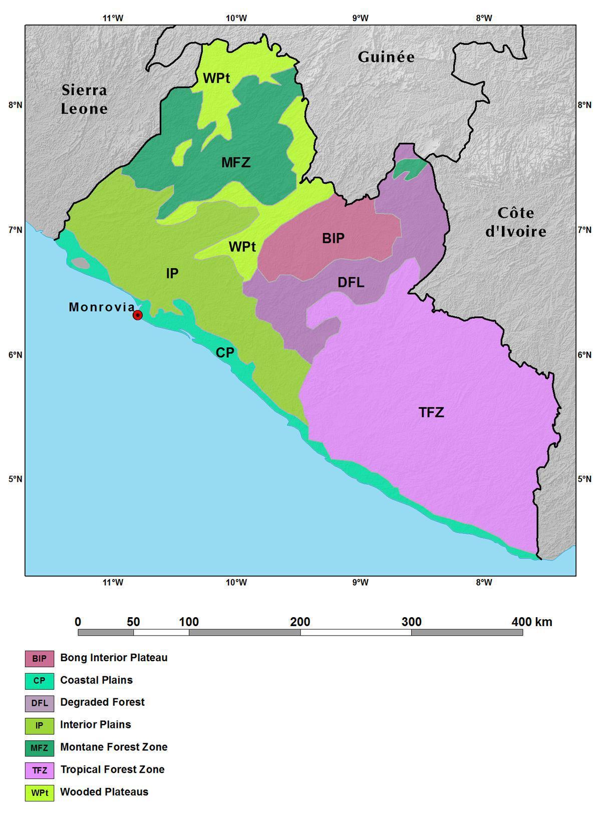 карта на Либерија планините